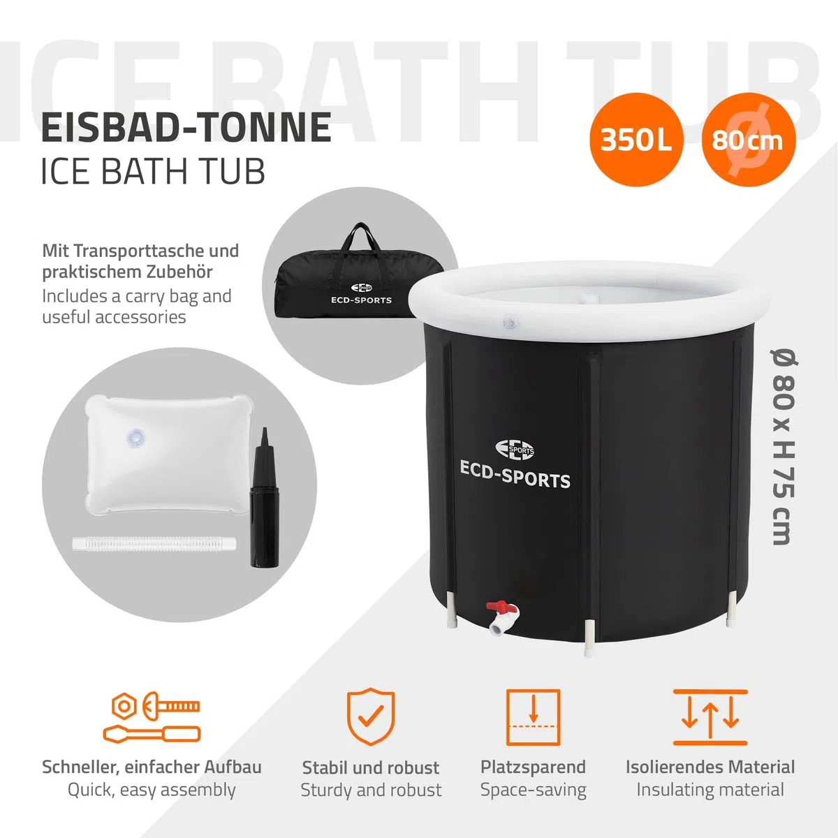 ECD Germany Vasca per Bagno di Ghiaccio Ø80 cm, Pieghevole, Set Completo con Isolamento, Vasca per Immersione 350L, Tinozza per Terapia del Freddo e Crioterapia, Portatile per Interno ed Esterno