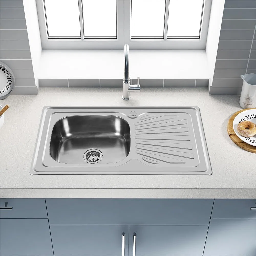 Lavello in acciaio inox, Lavello da incasso con foro per rubinetto,lavello in acciaio inox,Lavello Cucina Vasca con Gocciolatoio DX in Acciaio da Appoggio(90 * 50 * 15 cm (argento))