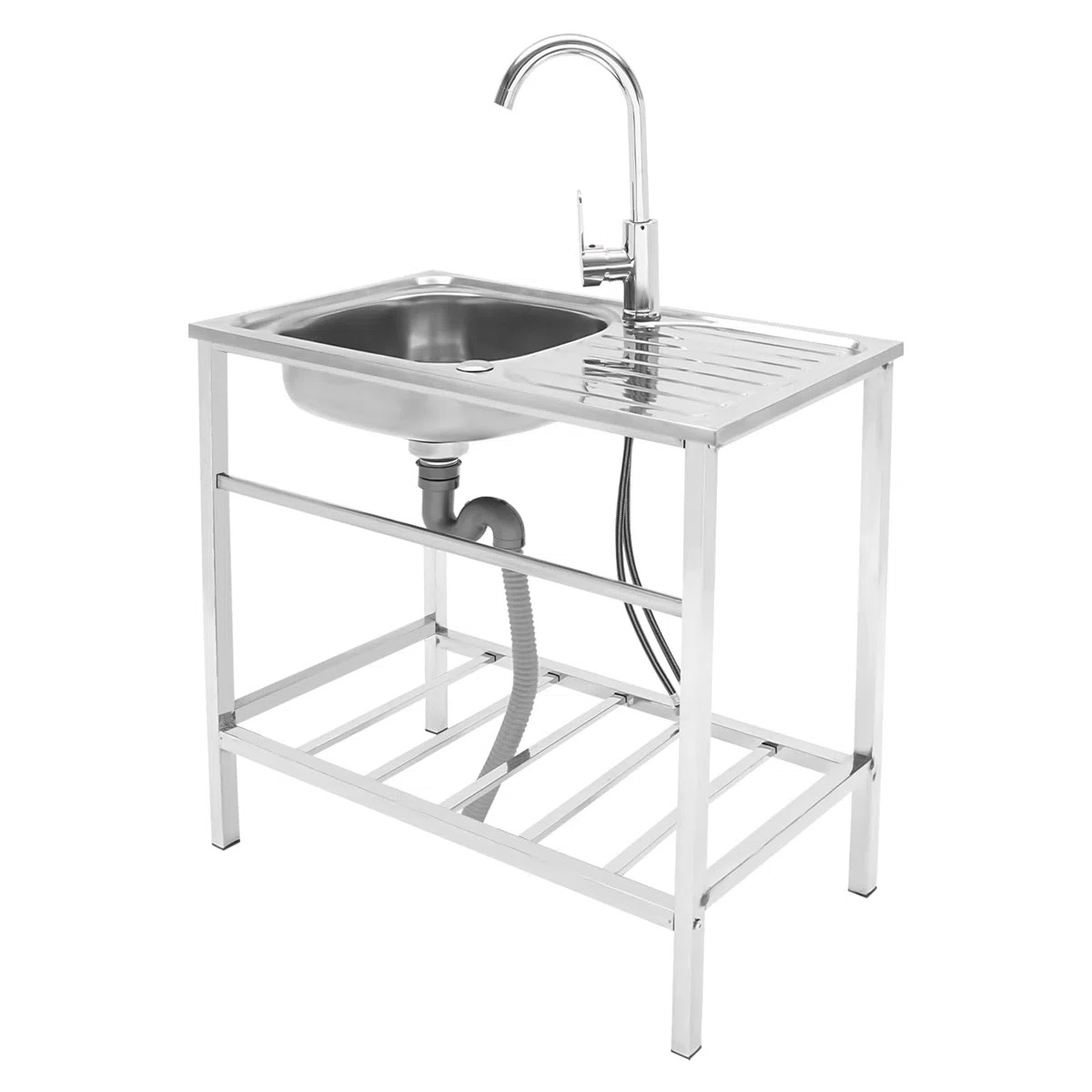 Lavello autoportante in acciaio inox, lavandino portatile con vasca e rubinetto, lavello da cucina commerciale, 75 x 40 x 76 cm, grande lavello di servizio autoportante per esterni e interni
