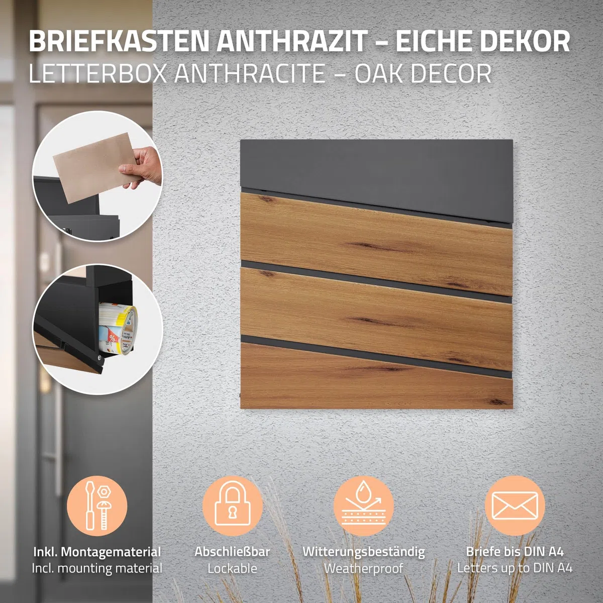 ML-Design Cassetta Postale Montaggio a Parete Muro Esterno 37 x 36,5 x 11 cm in Acciaio Antracite/Aspetto Legno Buca delle Lettere con Scomparto Porta Giornali Stile Moderno con Serratura e 2 Chiavi
