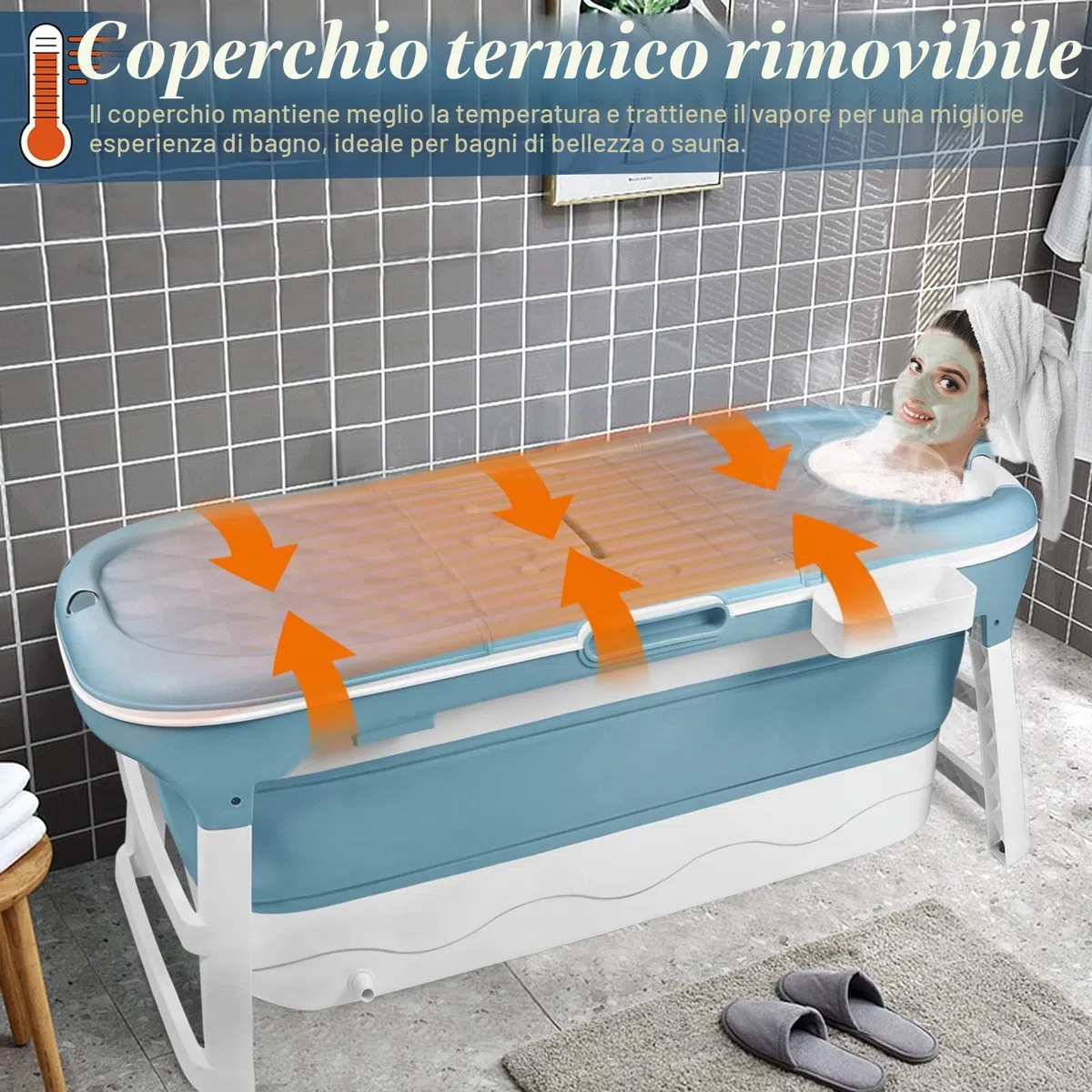 UISEBRT Vasca da bagno pieghevole per adulti XXL, vasca da bagno pieghevole 148 x 62 x 53 cm, vasca da bagno pieghevole portatile con copertura rimovibile, portasapone, rulli massaggianti, per bagno