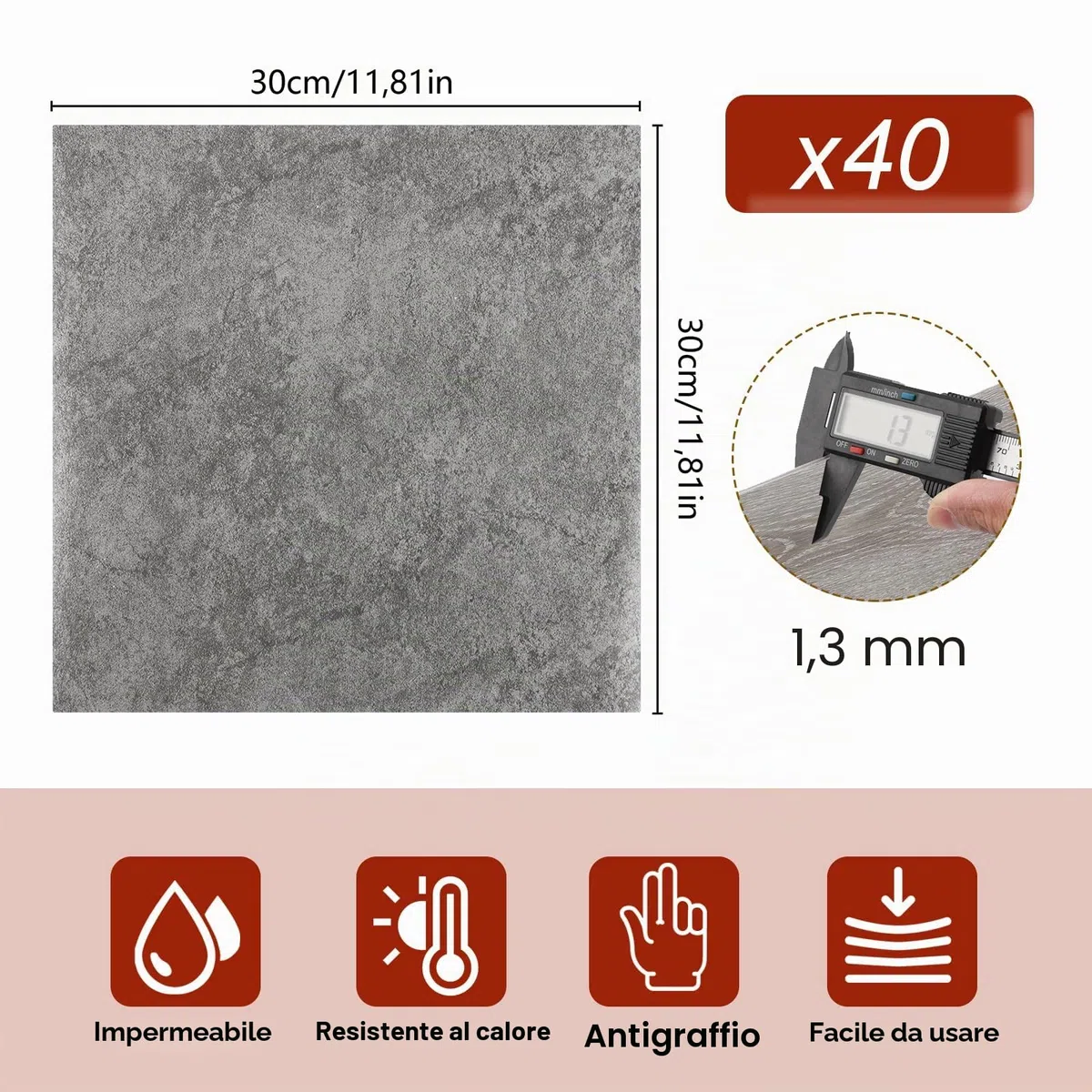 CYEER 40 Pièces/3,6m² Rivestimento del Suolo Autoadesivo PVC 30x30CM, Piastrelle Autoadesive per Cucina, Bagno, Salotto, Marmo Grigio