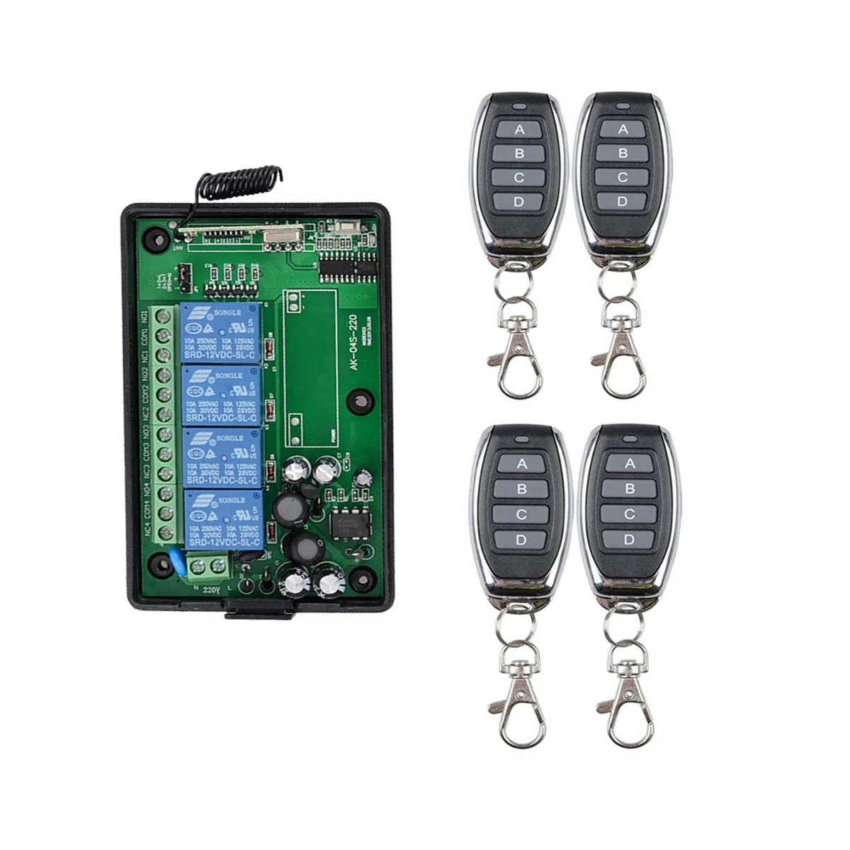 220 V, 230 V, 4 CH, telecomando senza fili, interruttore di controllo, relè di controllo 433 MHz, 4 canali, con 4 trasmettitori, ricevitore universale, porte da garage, finestre, motore, AC 110 V, 250