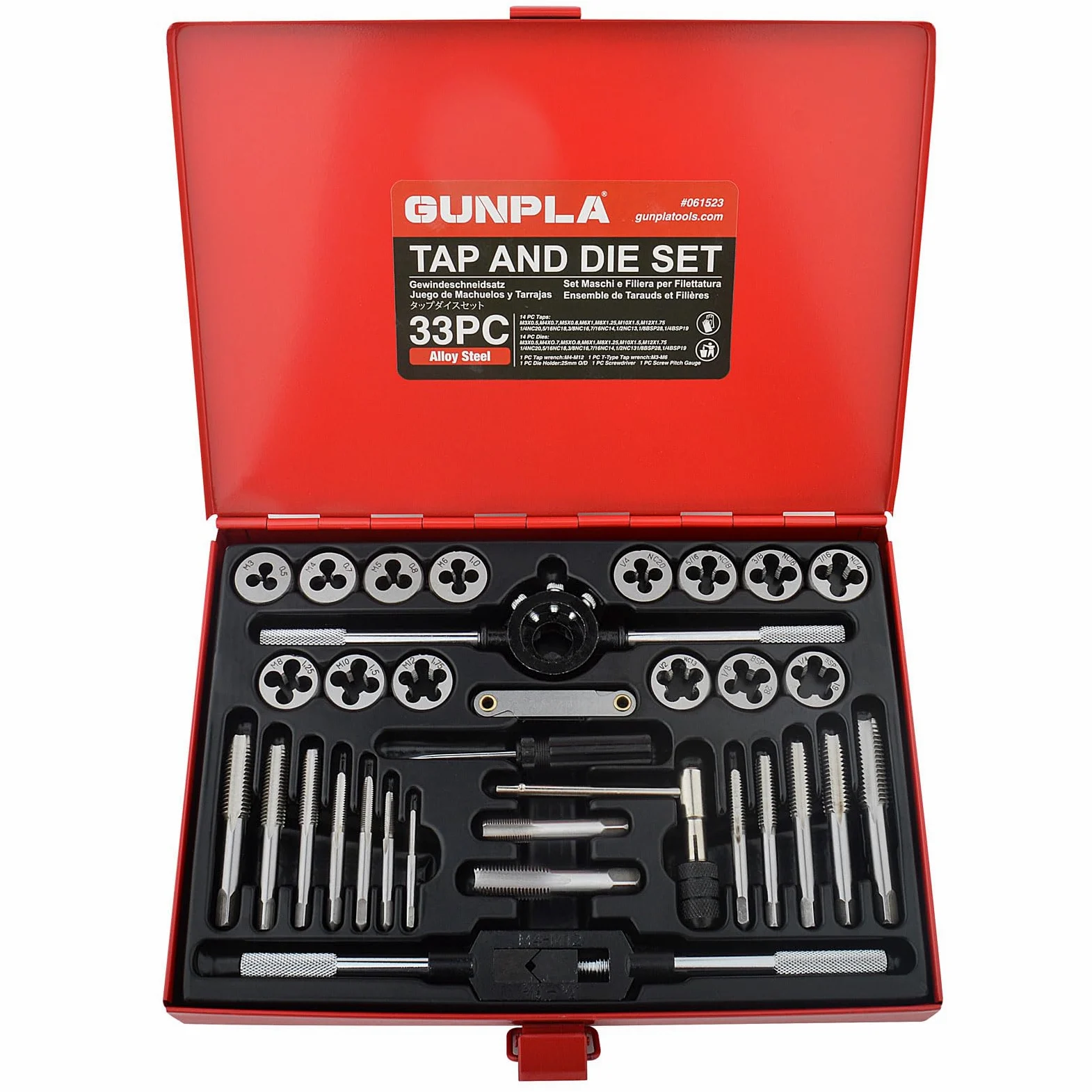 Gunpla 33 Pezzi Set Maschi e Filiera per Filettatura Metrica / SAE, Kit Filettare in Acciaio Legato al Tungsteno con Custodia in Metallo