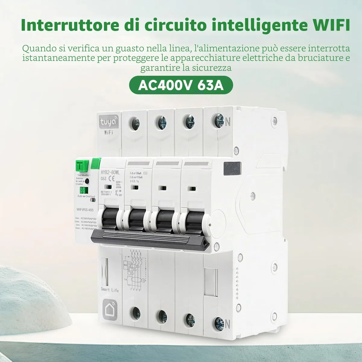 Interruttore magnetotermico differenziale wifi Salvavita 63A 4P 30ma tuya/Smart Life APP Recovery Reclosing Protezione dalle perdite richiudibile Protezione dalle perdite per sottotensione.