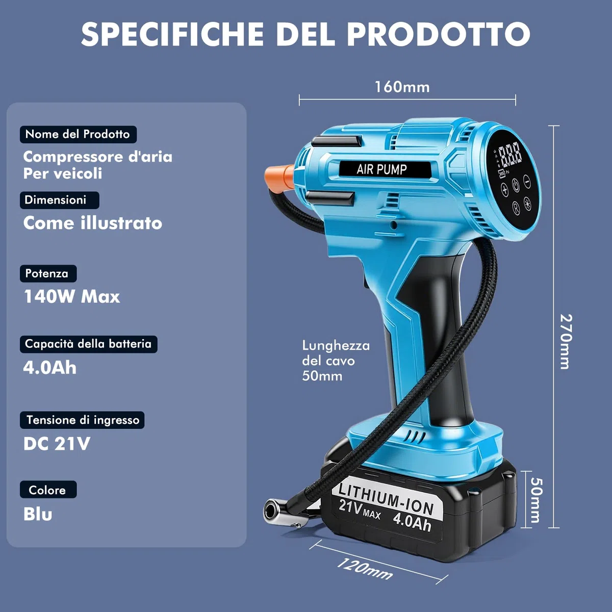 Pompa ad aria a batteria, 21 V, 150 PSI, pompa ad aria elettrica per auto, con batteria al litio e manometro, 800 W, pompa digitale per pneumatici portatile, per auto, moto, bicicletta, palloni
