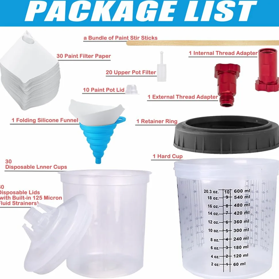 Tazza di Vernice Usa e Getta per Pistola a Spruzzo HVLP e LVLP, Kit Bicchieri per Miscelazione Vernici da 600 ML con 30 Tazze e Coperchi, 30 Filtri, 10 Tappi e 2 Adattatori per Bicchieri