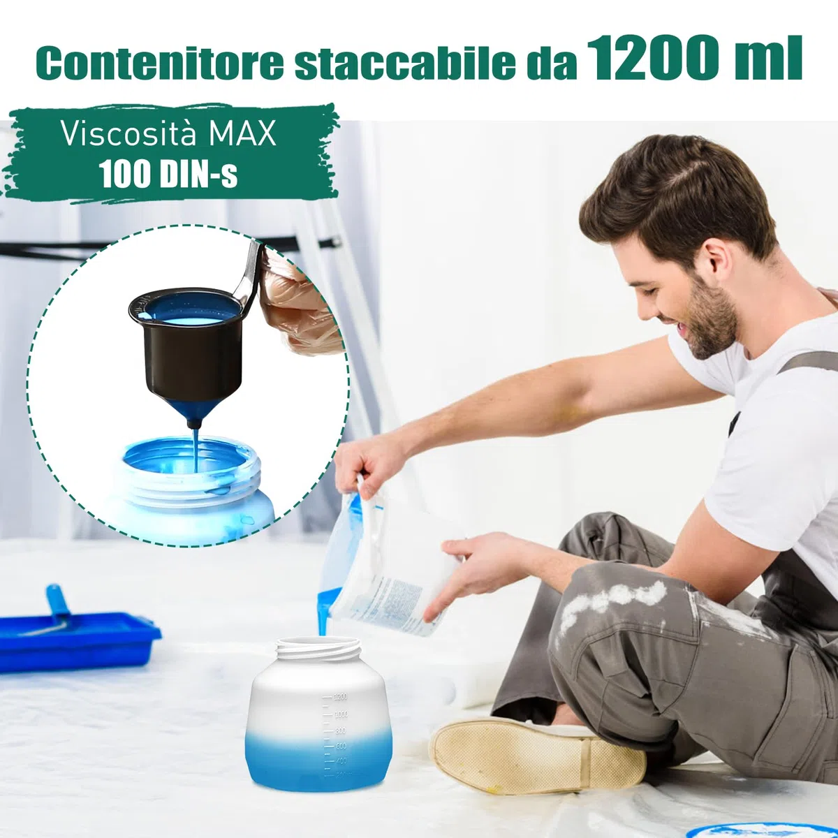 HYCHIKA Pistola per Verniciare, 600W HVLP Pistola a Spruzzo per Verniciare, Serbatoio da 1200ML 4 Ugelli e 2 Strumenti di Pulizia, Spruzzatore di Vernice a 3 Modelli per Pareti e Soffitti, Recinzione